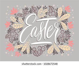 Easter vector lettering card. Easter. Ornate handdrawn postcard with ink lettering.