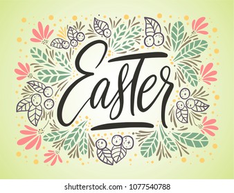 Easter vector lettering card. Easter. Ornate handdrawn postcard with ink lettering.
