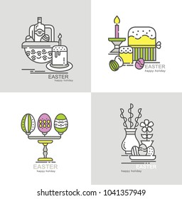 Easter. Vector linear construction. Easter greeting flat elements. Design for the holiday. Banner. Elements for postcards, posters, labels, stickers.