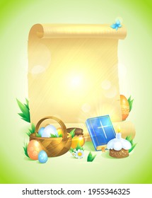 Easter vector mockup with empty paper roll with bible, basket, colored eggs, pastry and honey