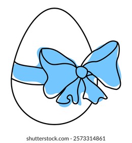 Easter vector outline illustration. Line drawn easter egg with blue ribbon, bow.
