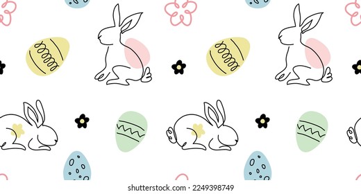 Easter vector pattern with bunny, egg and flower. One continuous line art drawing Easter pattern. Cute bunnies background, texture, print.
