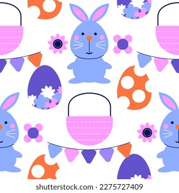 Easter vector pattern with colorful eggs, bunny, basket, garland and flowers. Seamless background for party decoration, wrapping paper, spring holiday textile