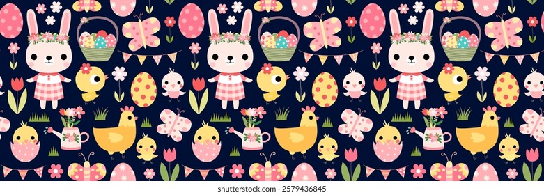 Easter vector pattern with cute pink bunnies, eggs, chickens, flowers and butterflies for kids and baby designs