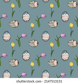 Easter vector pattern. Easter eggs with an ornament, tulips as a logo, blank for designers, print, element