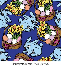 Easter  vector pattern with flowers, eggs, basket, spring decorative elements. Hand drawn illustration for textile print, fabric design, party decoration, scrapbooking, wallpaper and wrapping.
