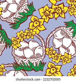 Easter  vector pattern with flowers, eggs, basket, spring decorative elements. Hand drawn illustration for textile print, fabric design, party decoration, scrapbooking, wallpaper and wrapping.