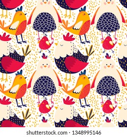 Easter vector pattern. Funny little colorful chickens and eggs and flowers  on white background. Cute seamless ornament for children's textile, crockery, easter cards, wrapping, web and fabric design.