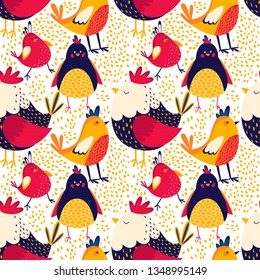 Easter vector pattern. Funny little colorful chickens and eggs and flowers  on white background. Cute seamless ornament for children's textile, crockery, easter cards, wrapping, web and fabric design.