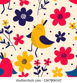 Easter vector pattern. Funny little colorful chickens and flowers. Cute seamless ornament for children's textile, crockery, easter cards, wrapping, web and fabric design.