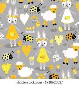 Easter vector pattern gray and yellow with bunny, sheep, ladybug, heart, egg and flowers in colors of the year 2021. Seamless holiday background. Hand drawn cute illustration for fabric, Easter card.