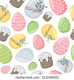 Easter vector pattern. Multicolored Easter eggs and Easter cookies. Seamless pattern.