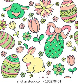 Easter vector pattern with rabbits, eggs, flowers