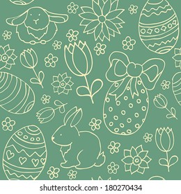 Easter vector pattern with rabbits, eggs, flowers in doodle style