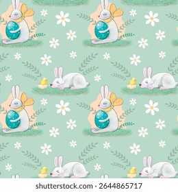Easter vector pattern. Repeating Easter pattern. Bunny and painted eggs. Easter bunny and egg
