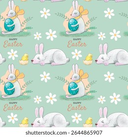 Easter vector pattern. Repeating Easter pattern. Bunny and painted eggs. Easter bunny and egg