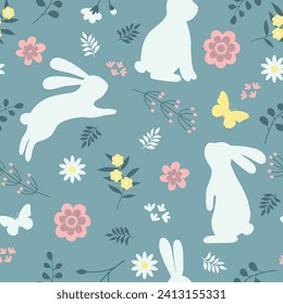 Easter vector seamless background with branches, leaves and flowers and silhouettes of rabbits and butterfly