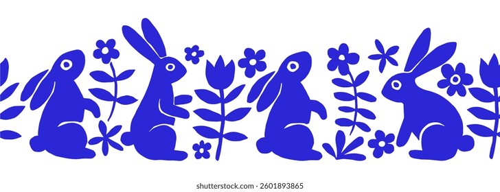 Easter vector seamless frame in vintage style with blue Easter bunnies and flowers.
