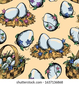 Easter vector seamless pattern. Basket, eggs, nest, flowers hand drawn background. Color bright wallpaper for Easter holiday design, textile, prints, wrapping, card. Vintage, engraving, sketch style.