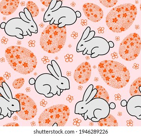 Easter vector seamless pattern with beautiful cute bunnies and colorful eggs