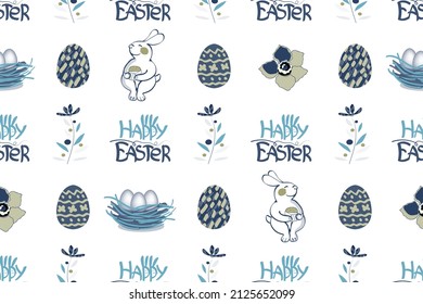 Easter vector seamless pattern. Bunny, lettering Happy Easter with Easter Bunny Ears, cake, eggs and flowers isolated on a white background.