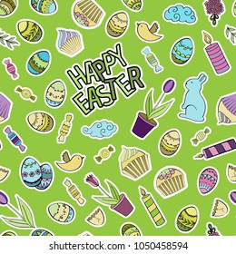 Easter vector seamless pattern with cartoon doodle objects, symbols and items. Perfect for fabric, wrapping, scrapbooking