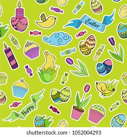 Easter vector seamless pattern with cartoon doodle objects, symbols and items. Perfect for fabric, wrapping, scrapbooking