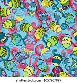 Easter vector seamless pattern with cartoon doodle eggs
