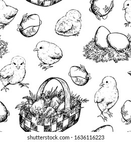 Easter vector seamless pattern. Chickens, basket, eggs, nest hand drawn background. Monochrome wallpaper for Easter holiday design, textile, prints, wrapping, card etc Vintage, engraving, sketch style