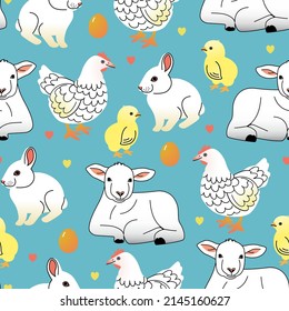 Vector de Pascua sin fisuras con pollos, gallinas, conejos y ovejas