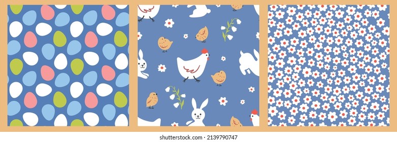 Easter vector seamless pattern collection. Background for wrapping paper, wallpaper and fabric. illustration:chicken, eggs, flowers