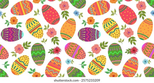 Easter vector seamless pattern colorful pink green orange Easter eggs flowers and leaves white background