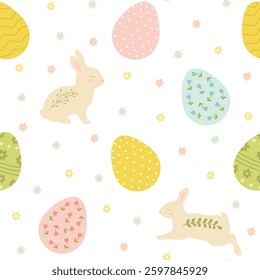 Easter vector seamless pattern with colorful eggs and cute bunnies on white background