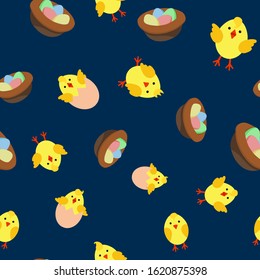 Easter vector seamless pattern with cute funny chicks, eggs, nest. Christian holiday elements. Spring or Easter funny repeating background. For print cup, textile, wallpaper, banner, fabric, web