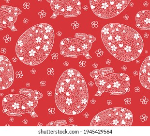 Easter vector seamless pattern with cute little bunnies and eggs on the red background