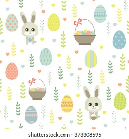 Easter. Vector Seamless Pattern  With Easter Eggs, Easter Rabbit And  Easter Basket. 