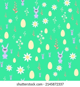 Easter vector seamless pattern in flat style. Textures with cartoon bunny, eggs, daisies. Easter elements on a green background. Illustration for napkins, towels, tablecloths