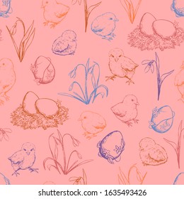 Easter vector seamless pattern. Little chickens, eggs, nest hand drawn background. Colored bright wallpaper for Easter holiday design, textile, prints, wrapping, card. Vintage, engraving, sketch style