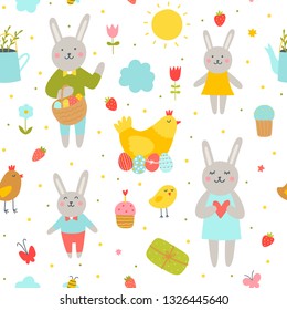 Easter vector seamless pattern with rabbits, colorful eggs, easter cakes, gifts and funne design elements