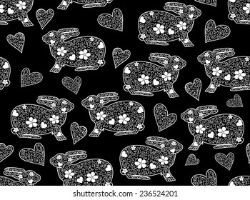 Easter vector seamless pattern with rabbits and hearts