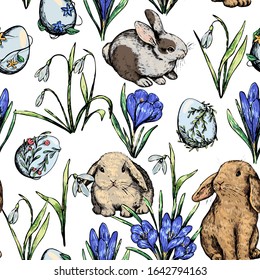 Easter vector seamless pattern. Snowdrops, crocuses, chickens, rabbits, eggs hand drawn background. Colored bright wallpaper for Easter design, textile, print, wrapping, card Vintage sketch, engraving