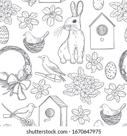  Easter vector seamless pattern with spring flowers and birds.