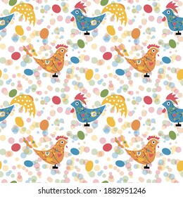 Easter vector seamless pattern. Stylized festive chickens and colorful eggs.