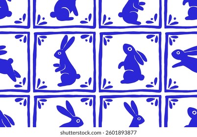 Easter vector seamless pattern in vintage style. Tile with blue Easter bunnies