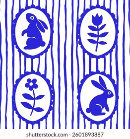 Easter vector seamless pattern in vintage style with blue rabbits and wild flowers