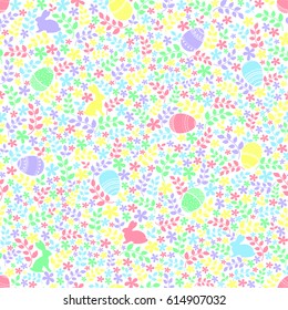 Easter vector seamless sweet cute pattern with decorated eggs and silhouettes of Easter bunnies surrounded by natural elements (flowers, leaves, twigs) in pastel colors on a white background. 