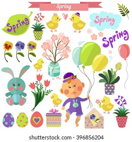 Easter vector set with baby, chicken, eggs, flowers, bunny and blossom branch