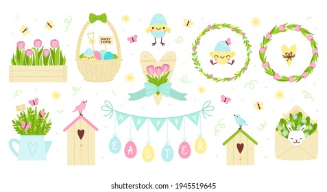 Easter vector set with birds, nesting box, tulip wreath, bouquet with flowers, basket with eggs, white rabbit in envelope, baby chickens, butterfly, hearts, egg garland. Spring and Easter sticker set.