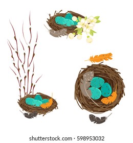 Easter vector set. Bird's nests with eggs, feathers and spring blossoming branches.