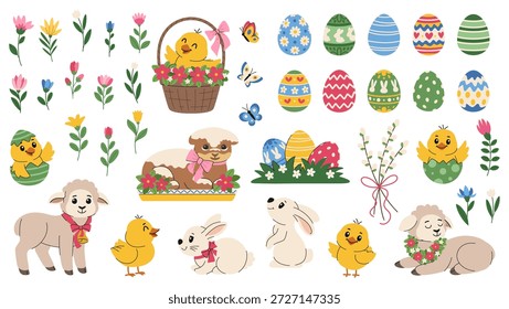 Ostervektor. Osterhaine, bemalte Eier, Küken, Lämmer mit Schleifen, Frühlingsblumen und Schmetterlinge. Elemente für Osterferien-Design. Einzeln auf weißem Hintergrund.